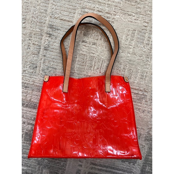 Dooney & Bourke Red Embossed Lettering Patent Leather Tote Handbag - Picture 1 of 16